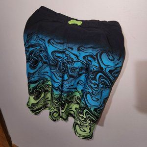 Swim Shorts Blue Green Pattern Size Large 10-12, Lined w/ Drawstring Tie